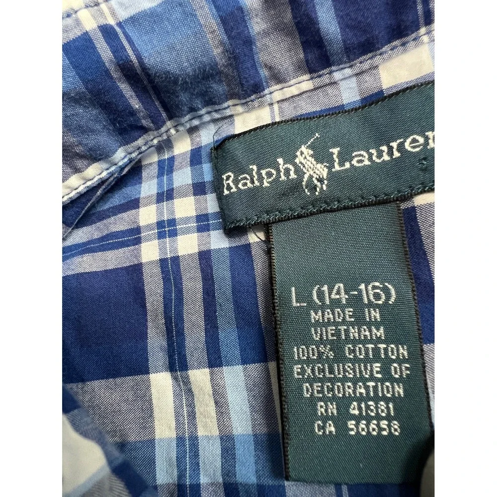 Ralph Lauren Button Down Shirt Boys Large 14-16 Blue Excellent Plaid Classic A56